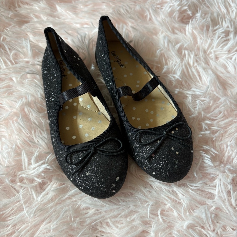 Cat & Jack Glitter Silver Star Black Ballet Flat Shoes Sz 11 Dress